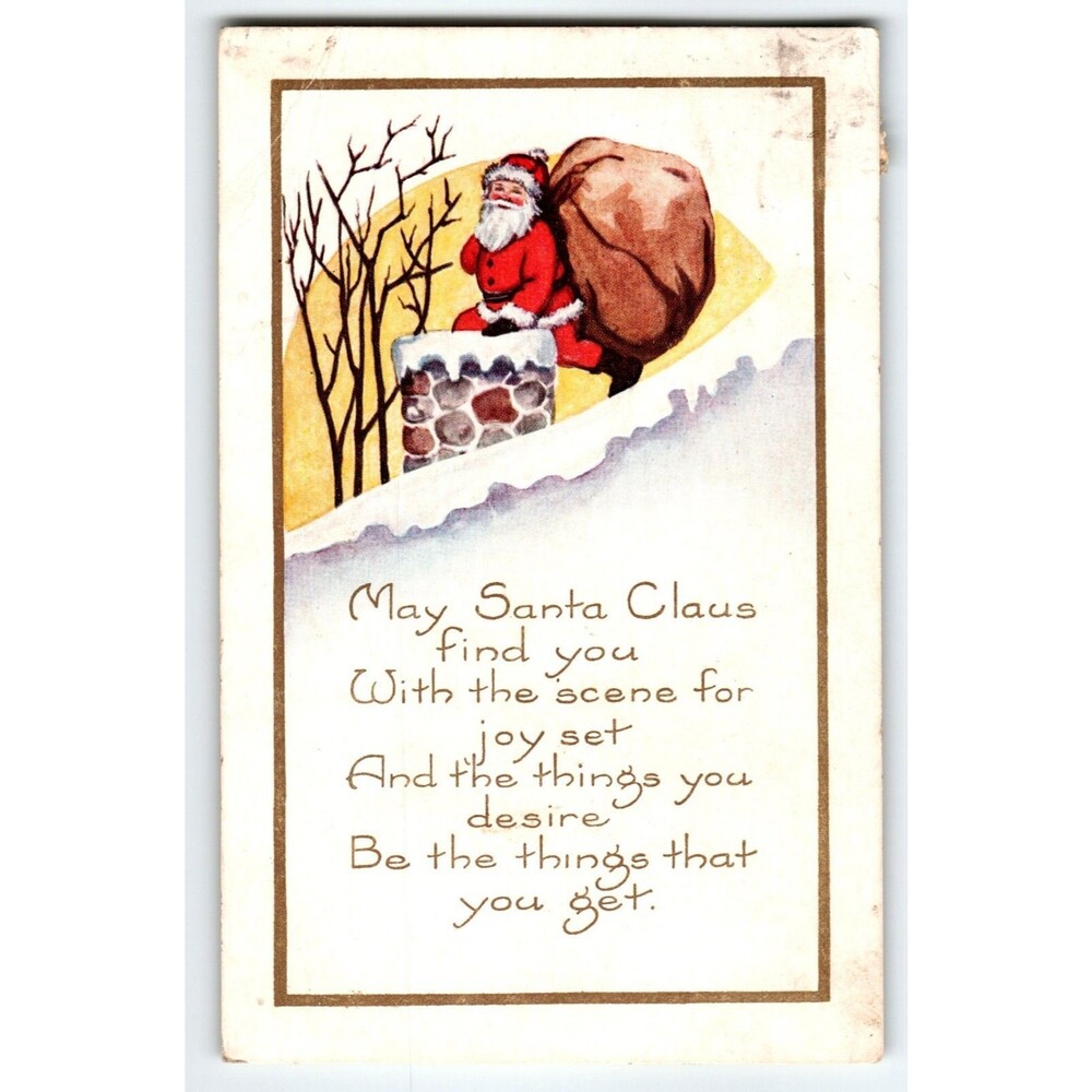 Santa Claus Christmas Postcard Saint Nick Roof Top Chimney Whitney Embossed 1922